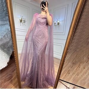 Mauve Beaded Evening Gown with Tulle Cape with feathers